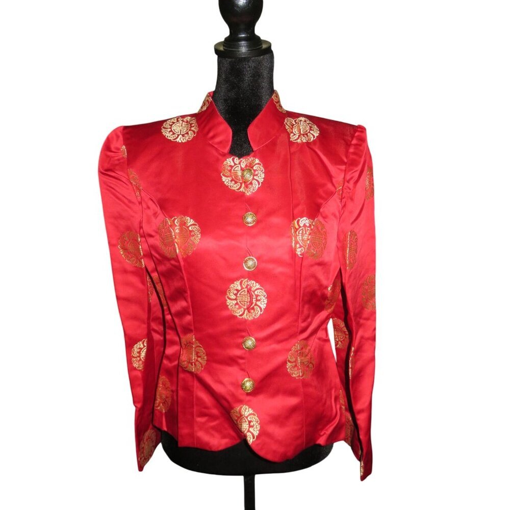 Handmade Red Silk Vintage Chinese Tailored Cut Jacket Embellished Gold Buttons M